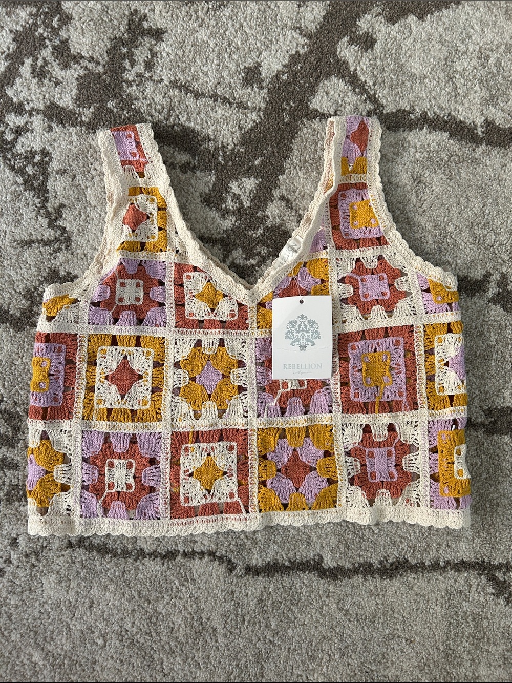Rebellion Crochet Crop Tank Top in Cream, Mustard & Mauve Crochet Boho